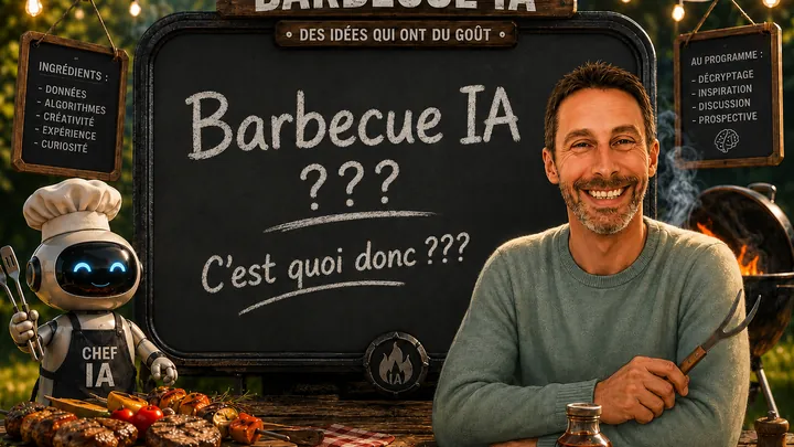Illustration Barbecue IA avec Jean-Francis Ochs, un robot chef IA et un tableau où les idées passent au grill