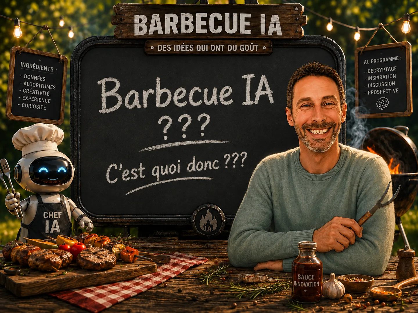 Illustration Barbecue IA avec Jean-Francis Ochs, un robot chef IA et un tableau où les idées passent au grill