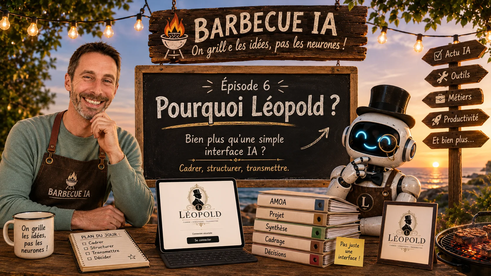 Jeff et l’IA autour du barbecue pour l’épisode 6 de Barbecue IA consacré à Léopold et au cadrage des projets informatiques.