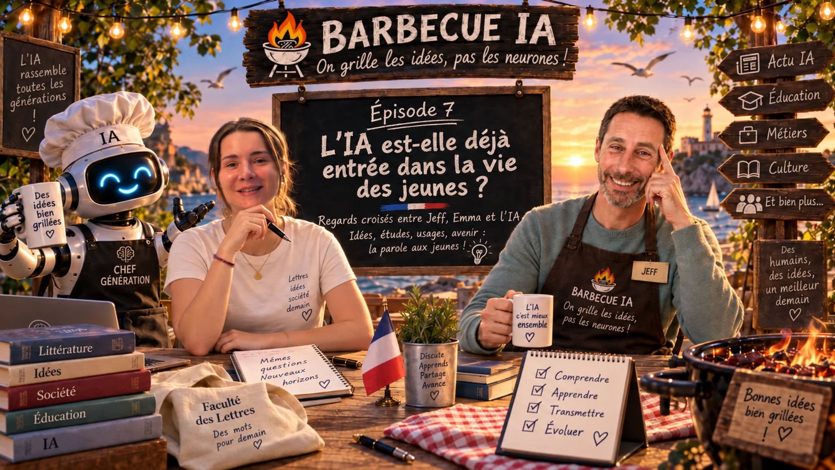 Jeff, Emma et une IA discutent autour du barbecue de Barbecue IA au bord de mer, pour un épisode consacré à l’usage de l’intelligence artificielle par les jeunes.